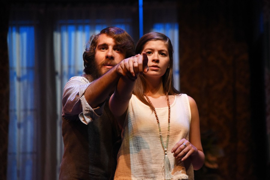 Ellen Humphrey and Blake Benlan rehearse one of their scenes in the play ‘in the Next Room or the vibrator play’ on Thursday, Feb. 25, in the Garvin Theatre. The play will open on Friday, March 2.