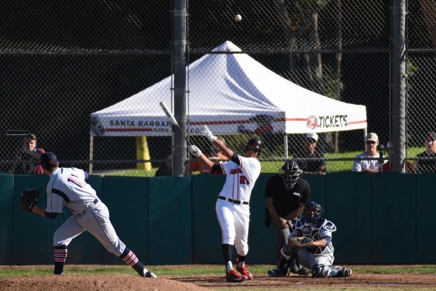 Vaqueros’ designated hitter Nicolas Bereaud (no. 25) hits one of his two doubles against College of the Sequoias in game two of a three game series on Friday, February 12, at Pershing Park. Bereaud went 4-4 with two home runs, one of them a grand slam in the first inning, and collected seven RBI’s in Fridays 13-10 win.