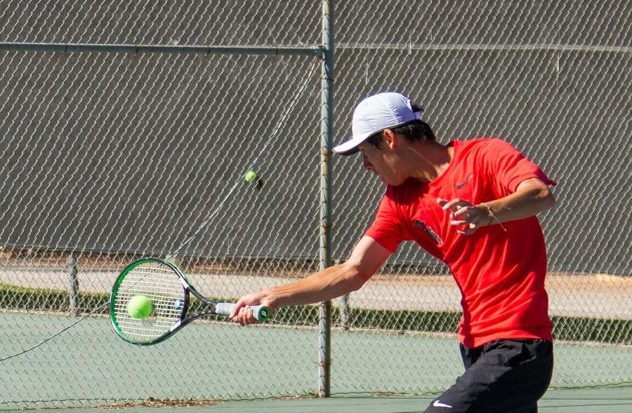 Andrew Tufenkian executes a winning forehand volley on Tuesday afternoon, March 8, at Pershing Park. Despite losing his first set (1-6), Tufenkian was able to rally and comeback to win his match (1-6, 6-0, 7-5), and help his team to shutout L.A. Pierce College, 9-0.