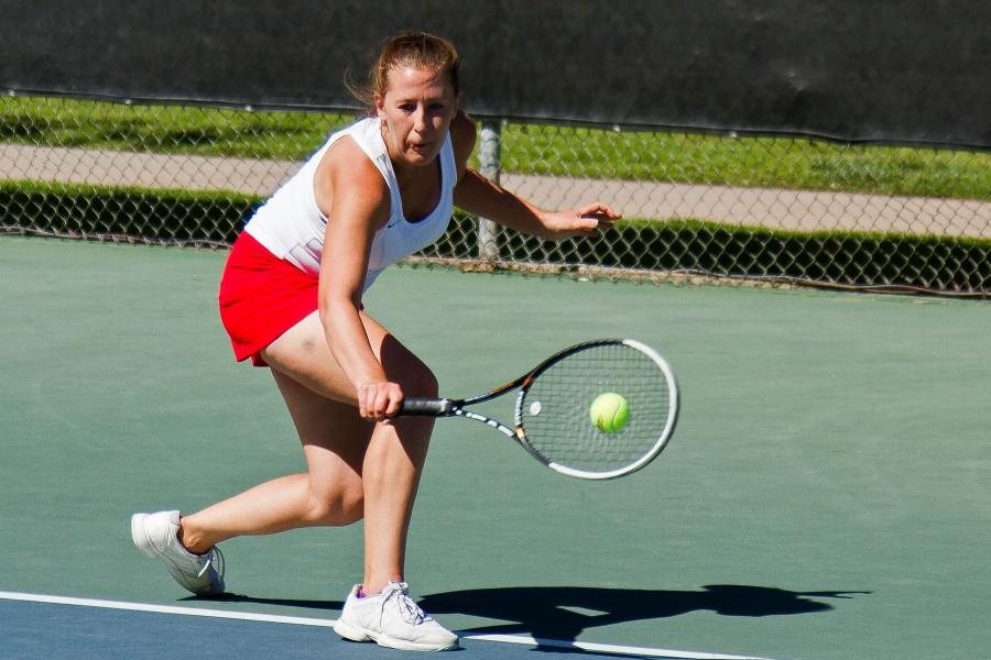 City College Lady Vaqueros tennis team member, Tyler Bunderson hits a slice backhand during her match on Tuesday March 15, at the Pershing Park tennis courts. The Lady Vaqueros won their match handily against visiting Antelope Valley College by a final score of, 8-1, boosting their overall record to 10-2 and 7-1 in conference play.