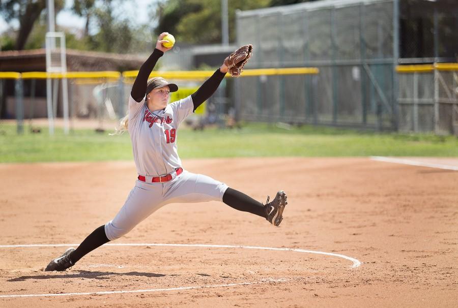 Vaquera pitcher, Madison McNamee winds up for the throw during City College softballs doubleheader against the Cuesta Cougars on Tuesday afternoon, March 22, at Pershing Park. City College takes the win 8-0 in the first game, but falls short 3-1 in the second game.
