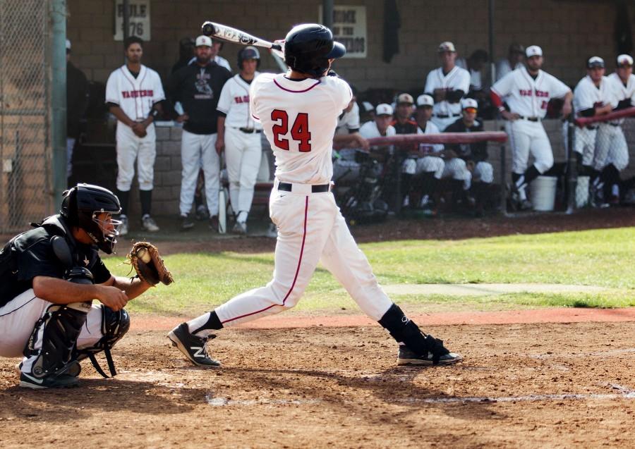 Vaqueros’ catcher Jake Gagain (No. 24) strikes out in the fourth inning against the Cuesta Cougars on Tuesday, March 1, at Pershing Park. The Vaqueros' 10 strike outs contributed to its 9-0 lose. .