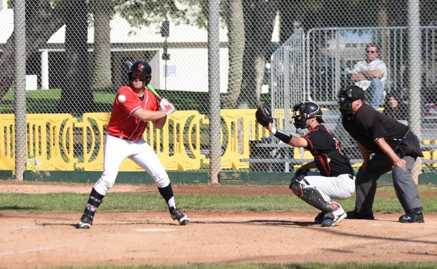 City College outfielder Nicholas Allman (No. 2) watches a high pitch go by as he draws the walk to load the bases in the bottom of the fourth inning on Saturday, March 12, at Pershing Park in Santa Barbara, Calif. The Vaqueros could not overcome the Pierce offence and lose 8-2.