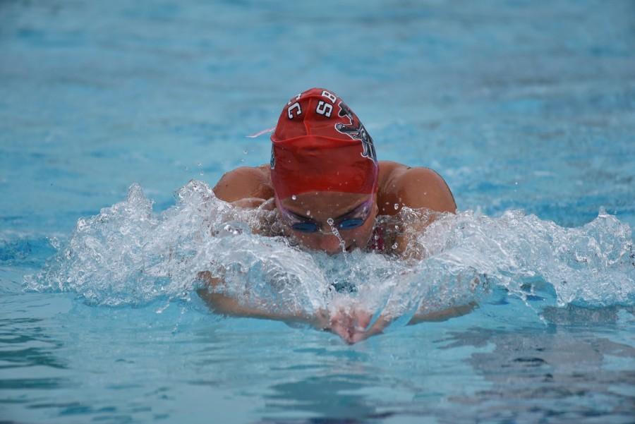 Santa Barbara City College’s Addison Seale dominated the field in the women’s 200 yard individual medley at the first Western State Conference swim meet on Saturday, March 5, at the Ventura Aquatic Center. The Vaqueros won 10 of the 11 events they swam in.