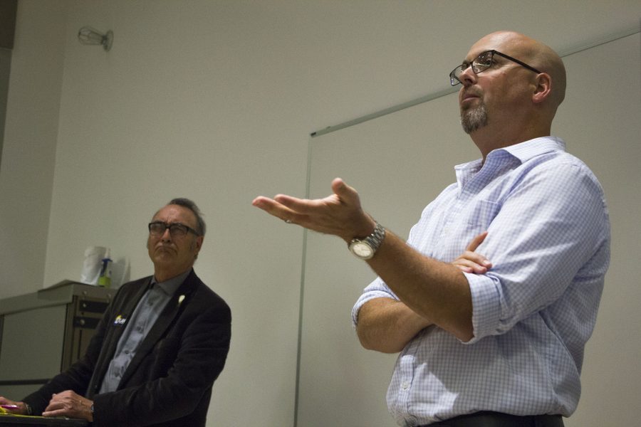 Philosophy Professor Joe White, left, and Environmental Science Professor Adam Green debated about morality followed by a question and answer period for the annual City College Prof-Off at 4 p.m. on April 14, in the Humanities Building Room 111 at Santa Barbara City College. The Honors Program puts on the annual debate between professors.