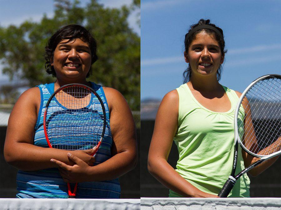 Sisters (from left) Kassie and Maddie Ortiz are members of the Santa Barbara City College All Western State Conference tennis team, Thursday, April 21, at Pershing Park tennis courts Santa Barbara.