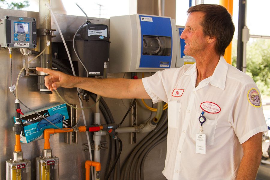 Todd Heldoorn explains how several highly sensitive filter monitoring systems are used to check the purity of recycled waste water on Friday, April 22, at the City of Santa Barbara El Estero Waste-Water Treatment Plant, located at 520 East Yanonali Street, in Santa Barbara. The treatment plant provides the recycled water that Santa Barbara City College uses to irrigate both the east and west campus, with the exception of the campus vegetable garden.