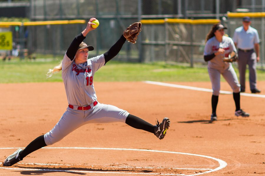 City+College+women%E2%80%99s+softball+team+pitcher%2C+Madison+McNamee%2C+pitched+five+and+one+third+innings+of+nearly+flawless+ball+on+Tuesday%2C+April+12%2C+at+Pershing+Park+against+Allan+Hancock+College.+The+Vaqueros+won+the+first+game+of+a+double-header+%288-7%29+after+running+into+some+hot+bats+from+the+Allan+Hancock+squad+in+the+top+of+the+fifth+and+sixth+innings.