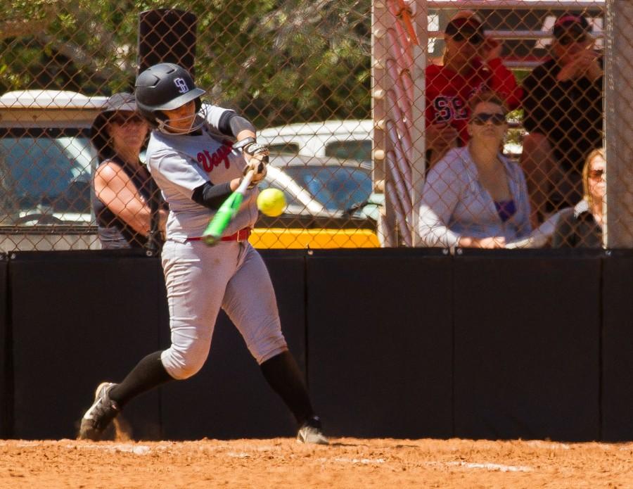 Christal Vierra gets a solid single through the left side in the second inning, on Tuesday, April 5, at Pershing Park in Santa Barbara, where the City College women’s softball team hosted a double-header against Moorpark College. The Vaqueros split the double-header W (4-3), L (5-1).
