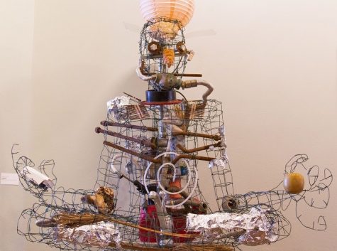 A piece of art that is untitled is being displayed at the art exhibit “Fantastic Rubbish,” on Tuesday, April 19, in the John Dunn Gourmet Dining Room at City College. The art piece was created out of found objects and wire by City College student Joakim Ingerlund.