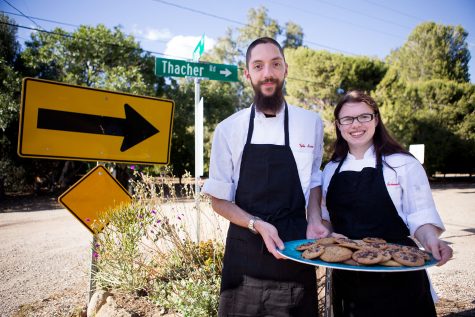 Tyler Baio and Anna Schneider hold a platter of their home baked Thacher Road Cookies Thursday afternoon, April 28, in Ojai. Baio and Shneider are City College alumni, having graduated from the Culinary program. The name Thacher Road Cookies originates from the street Baio grew up on in Ojai.