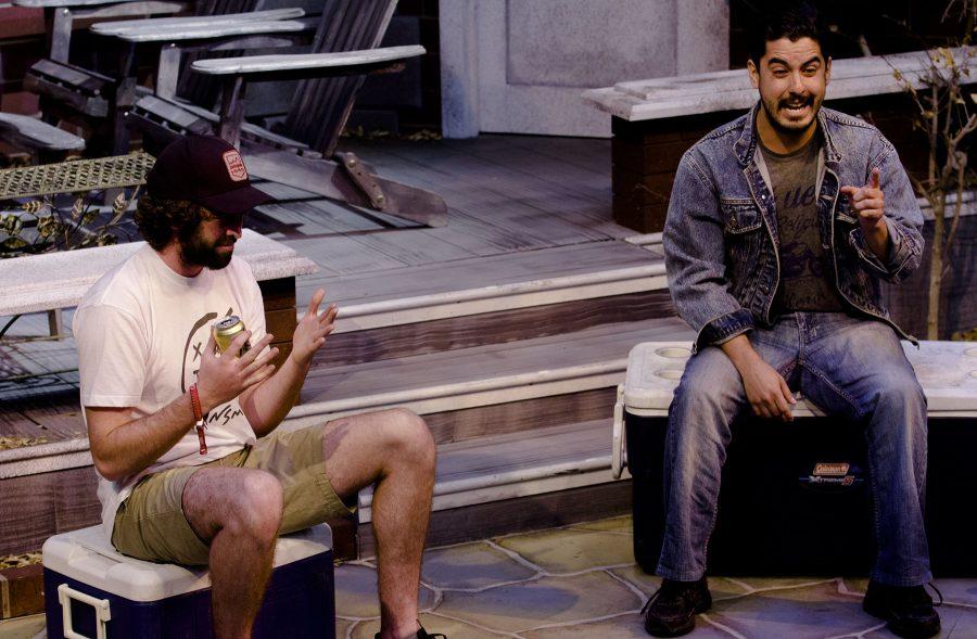 Sean McGee (left) and Enrique Bobadille rehearse their scene from Almost, Maine on Wednesday, April 27, in the Jurkowitz Theatre at Santa Barbara City College, Santa Barbara. The play, which opens on Wednesday, May 4, has a common theme of love.