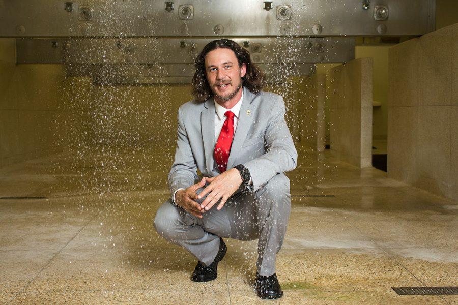 Nicholas Steil, vice president of Student Affairs, visits the mens locker room in the Sports Pavilion at Santa Barbara City College, Friday, Feb. 28. Steil, has been pushing for the initiative to allow homeless students access to locker room showers for over three years.