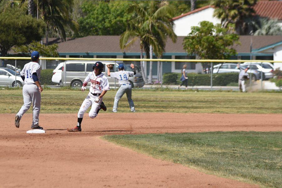 City College infielder Michael Montpas, No. 5, rounds second base on his to third base for his stand up triple on Friday, April 29, at Pershing Park in Santa Barbara Calif. The Vaqueros lost the game 7-3 but finish the season in second place and begin the playoffs on Friday, May 6.