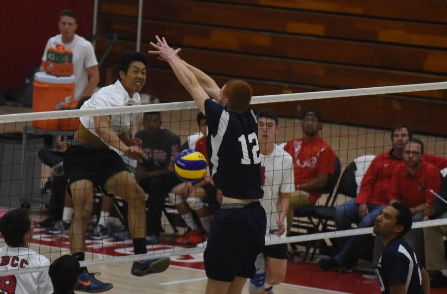 Vaquero Matt Hall (No. 6) records one of his eight kills on Friday, April 8, at Santa Barbara City College in the Sports Pavilion where City College hosted El Camino College. The Vaqueros were unable to hold off the Warriors offense and fell in three straight sets.