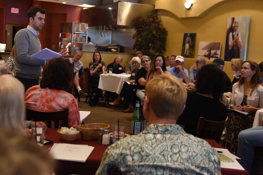 Evan Hawkins, a representative with the Faculty Association of California Community Colleges, speaks with a large group of adjunct faculty from Santa Barbara City College and other colleges in the district about what the association can do for them on Friday, April 15, at the Mesa Cafe in Santa Barbara. The association is the statewide professional membership association that advocates solely for California community college faculty.