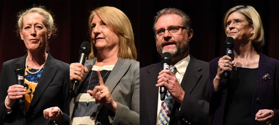 The four finalists for the President/Superintendent position for City College, (from left) Dr. Melinda Nish, Dr. Jill Stearns, Dr. Anthony Beebe and Dr. Kindred Murillo speak at the community forum on Monday, April 25, in the Garvin Theatre at Santa Barbara City College. The Board of Trustees will make the final decision on who will take over for retiring President/Superintendent Lori Gaskin.