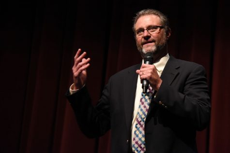 Dr. Anthony Beebe speaks at the community forum on Monday, April 25, in the Garvin Theatre in Santa Barbara City College. Beebe is one of the four finalists for City College’s President/Superintendent position.