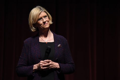 Dr. Kindred Murillo speaks at the community forum on Monday, April 25, in the Garvin Theatre in Santa Barbara City College. Murillo is one of the four finalists for City College’s President/Superintendent position.