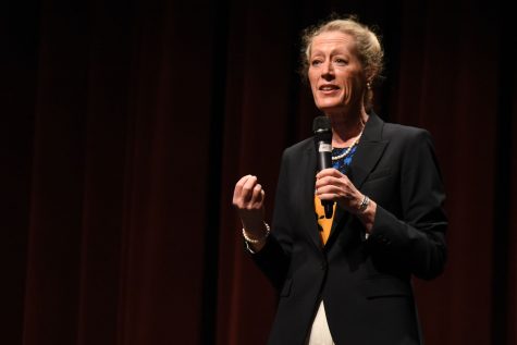 Dr. Melinda Nish speaks at the community forum on Monday, April 25, in the Garvin Theatre in Santa Barbara City College. Nish is one of the four finalists for City College’s President/Superintendent position.