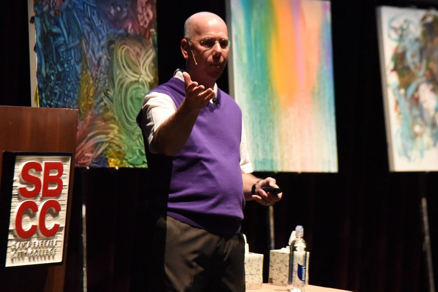 Dr. Kelly Lake, the City College 37th annual faculty lecture, his speech “The Power of Resilience=C7” is given to a packed Garvin Theatre on Wednesday, April 13, in Santa Barbara City College. Lake is an early childhood development professor at City College.