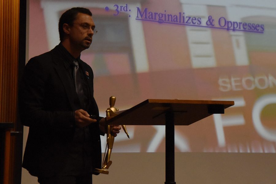 Honors student Matthew Poulin presents his first place winning paper titled “The Illegality of Prostitution is Unjust” to members of the honors program during the student conference on Friday, April 22, at the Business Communication Forum at Santa Barbara City College. The Honors program holds the student conference every spring and anyone is able to submit papers, art, music or movies about the chosen topic for prizes.