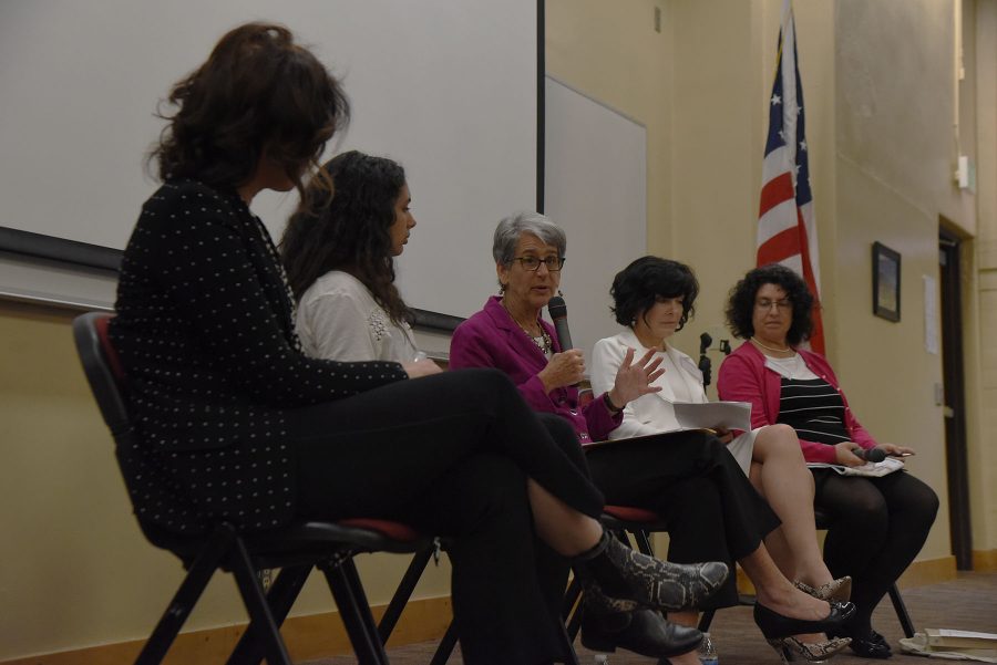 Senator Hannah-Beth Jackson, center, talks about female leadership with fellow panelists, from left, Dr. Phyllisa Eisentraut, Chiany Dri, Julie Samson and Mayor Helene Schneider during the ‘Shaping the 21st Century” conference hosted by City College’s Honors Society on Friday, April 15, at Santa Barbara City College. There are three sections to the conference, “War and Civilization,” “Female Leadership” and “Social (Dis) Trust.”