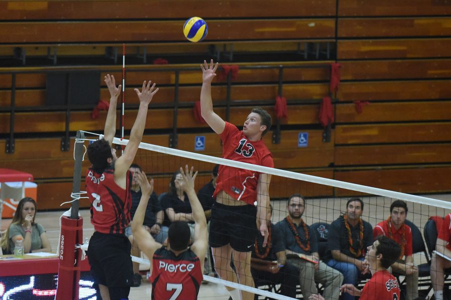 Vaquero Jackson Wopat, playing his last game for City College, hits one of his eight kills against Los Angeles Pierce College on Friday, April 15, in the Sports Pavilion at Santa Barbara City College. City College could not collect the win for the final game of the season and fall 3 games to 1 with scores of 21-25, 25-23, 25-21 and 25-12 against the Brahmas and finish the season 9-10 overall and 4-8 in conference.