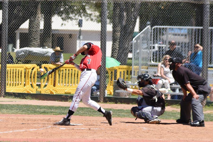 City+College+infielder+Wesley+Ghan-Gibson+%28No.7%29+hits+first+career+homerun+and+drives+in+two+runs+on+Saturday%2C+April+23%2C+at+Pershing+Park+in+Santa+Barbara.+The+Vaqueros+beat+Ventura+6-1+and+remain+in+second+place+in+the+division.