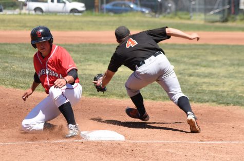 City College infielder Christopher Smutny (No.4) reaches third base safely after a throw to first, on the next pitch he scored the first of six Vaqueros runs on a balk on Saturday, April 23, at Pershing Park in Santa Barbara. The Vaqueros beat Ventura 6-1 and remain in second place in the division