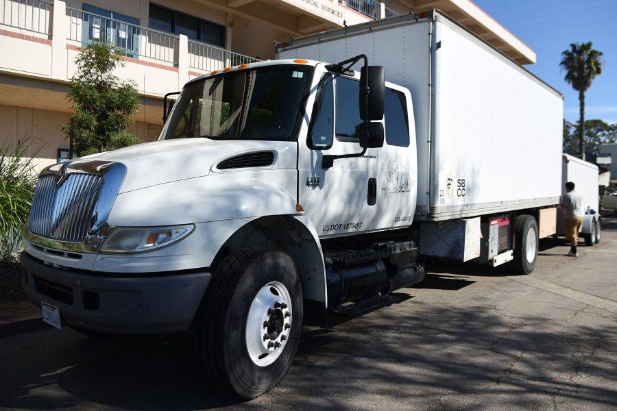 The ‘Woolly’ gets loaded for its weeklong City College trip to Death Valley on Tuesday, April 12, outside the Biology and Earth Science Building, where it is normally parked, at Santa Barbara City College. The ‘Woolly’ is a one of a kind truck that is equipped with an oven, a large walk in freezer and generators to be able to take students on long trips and supply them with everything they might need.