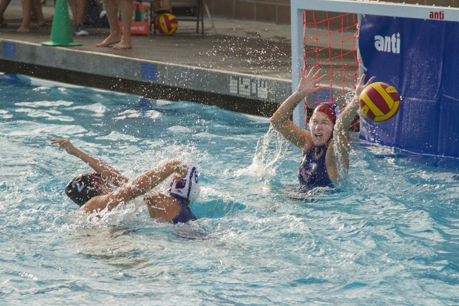 Santa Barbara City College Vaquero, Ivana Bilaver (No. 2) scores against Citrus College Owls, (from left) Gabriella Galbraith, and Delaney Moller on Wednesday, Sept. 21, at San Marcos High School. The Vaqueros defeated the Owls, 8-4 and Bilaver scored 4 of the 8 winning goals.