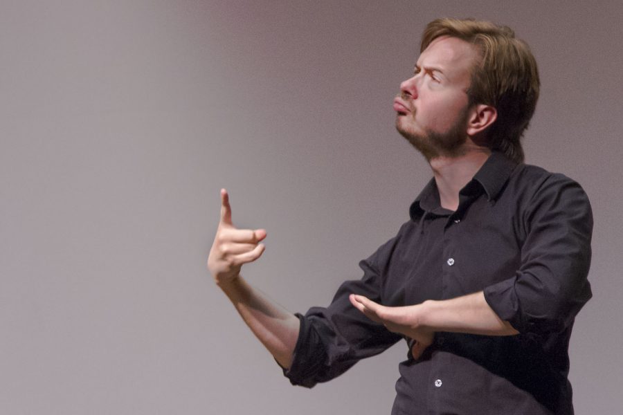 Windell Wink Smith Jr. performs a one man show entirely in American Sign Language on Saturday, Sept. 17, at the Fe Bland Forum at City College. The dramatic comedy is about Smith’s parents, Gwen and Windell Smith as well as himself growing up as a child of deaf parents.