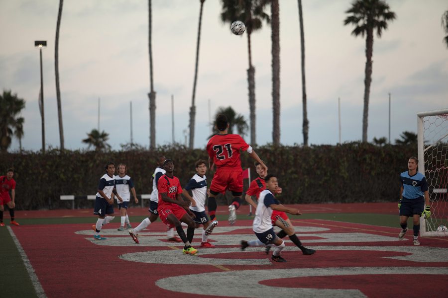 Nicolas Genthon (no.21) attempts a shot on goal against Cypress College on Friday, Sept. 9, at La Playa Stadium. The Vaqueros won 2-0 for their third straight shut out victory.