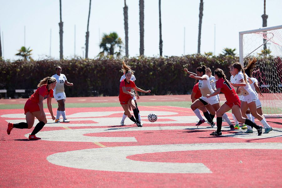 Josefine Von Der Burg (No.12) scores against West Hills College in the second half on Friday Sept. 23, La Playa Stadium. The Vaqueros won 5-0.