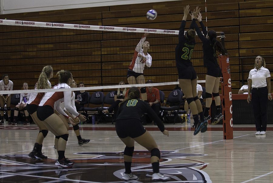 Stephanie Keenan (no. 19) scoring against Grossmont College in the last period off the volleyball game on Sept. 17, at City College. The Vaqueros defeated Grossmont, 3-1.