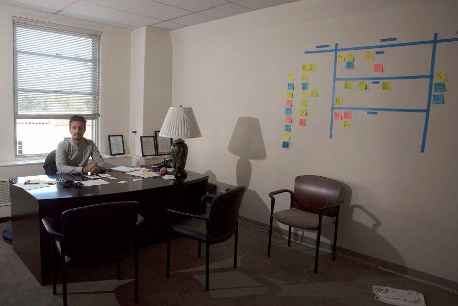 Lorenzo Marchetti, Italian ambassador for 2020 A Year Without War, sits at the desk in their newly acquired office on State Street on Friday, Sept. 9, in Santa Barbara. The group got the office to have more of a professional setting for their non-profit organization.