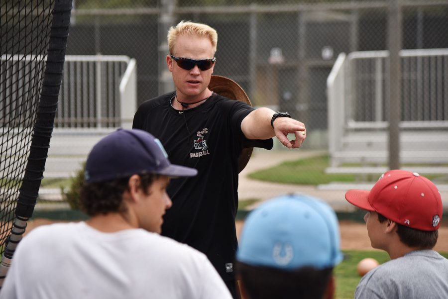 Baseball+head+coach+Jeff+Walker+explains+the+strategies+behind+hitting+during+off-season+practice+on+Wednesday%2C+Sept.+7%2C+at+Pershing+Park.+Walker+was+recently+hired+as+a+full+time+faculty+member.