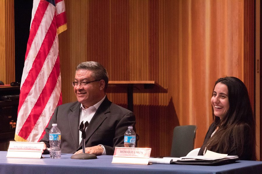 Salud Carbajal, candidate for United States representative, and Monique Limón, candidate for California State Assembly member, respond to student questions about what they plan to do if they are elected at the “Pondering Politics” Democratic forum on Tuesday, Oct. 18, in the Fé Bland Forum at City College. City College’s Phi Theta Kappa International Honors Society hosted the event.