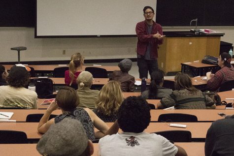 Artist Devon Tsuno describes his techniques to students during the question and answer segment of his lecture on Thursday, Oct. 13, in Physical Sciences Building at City College. Tsuno’s artwork is being featured in the Atkinson Gallery at the college for the rest of the fall semester.