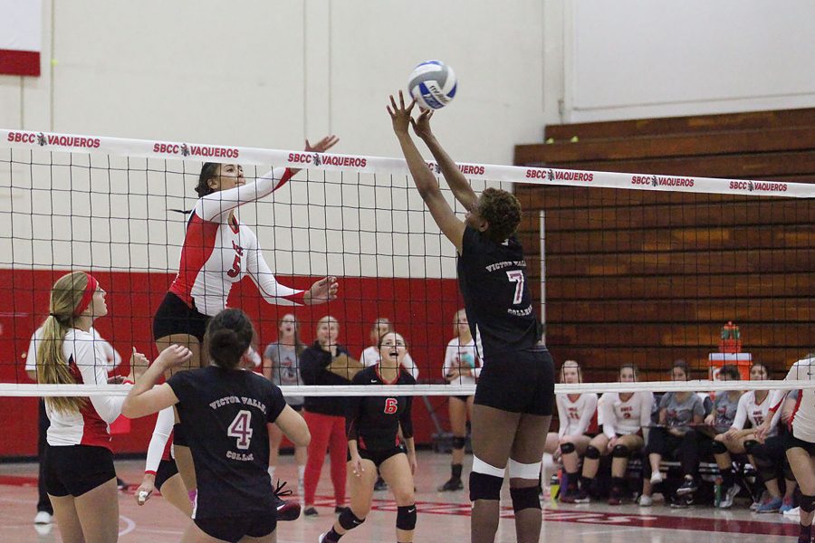Isabella Thompson (No.5) scores against Victor Valley Community College in the second period on Sept. 7, in the Sports Pavilion. The Vaqueros defeated the Rams, 3-0.