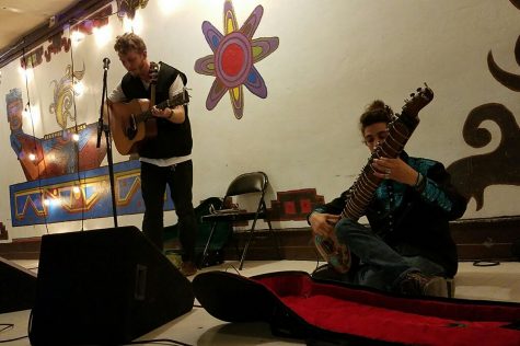 Michael Sallstrom (left) and Maz Karandish perform together for Santa Barbara Stands with the Standing Rock Thursday, Nov. 17, at Case de la Raza in Santa Barbara. The event was organized by Gabriella Hernandez as a way to raise money for supplies for the protesters.