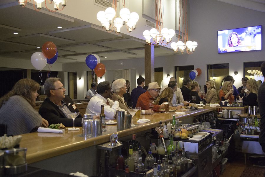 Republican supporters discuss and wait eagerly with food and drinks on the results of the 2016 presidential election at the Republicans election party on Tuesday, Nov. 8, in the Benchmark Eatery in downtown Santa Barbara.