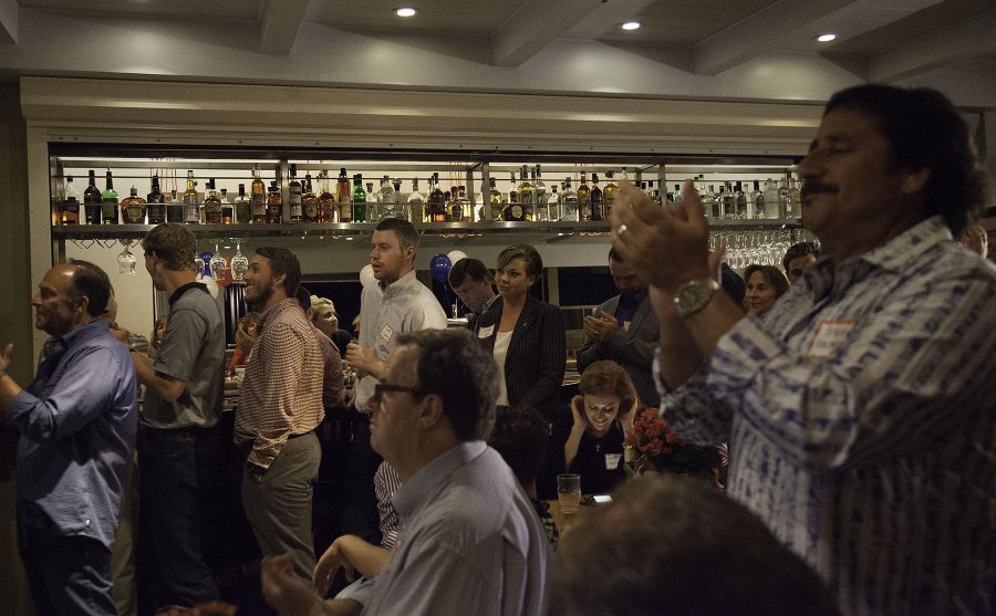 Republican supporters listen to Justin Fareed speak during the 2016 Republican election party on Tuesday, Nov. 8, at the Benchmark Eatery in downtown Santa Barbara.