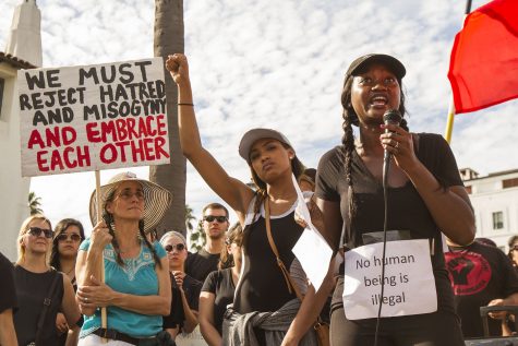 Akilah Simone Baker, a speaker from the Black Lives Matter movement, gives a speech during the united against hate march against Donald Trump, on Saturday, Nov. 12, at De La Guerra Plaza in Santa Barbara. The press release about the event said, Since Donald Trump began his campaign in 2015, the KKK and other violent white supremacist groups have had a resurgence.