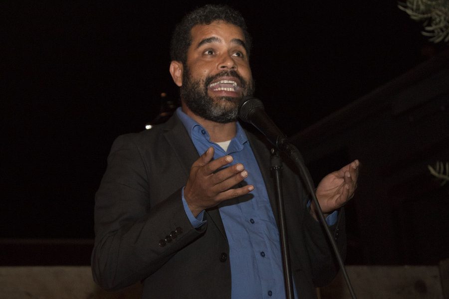 Daraka Larimore-Hall, chairman of the Santa Barbara County Democratic Party, congratulates Assembly Member Monique Limòn and Senator Hannah-Beth Jackson for their success in the election at the Democrat election party on Tuesday, Nov. 8, at The Mill Restaurant and Brewery in Santa Barbara.