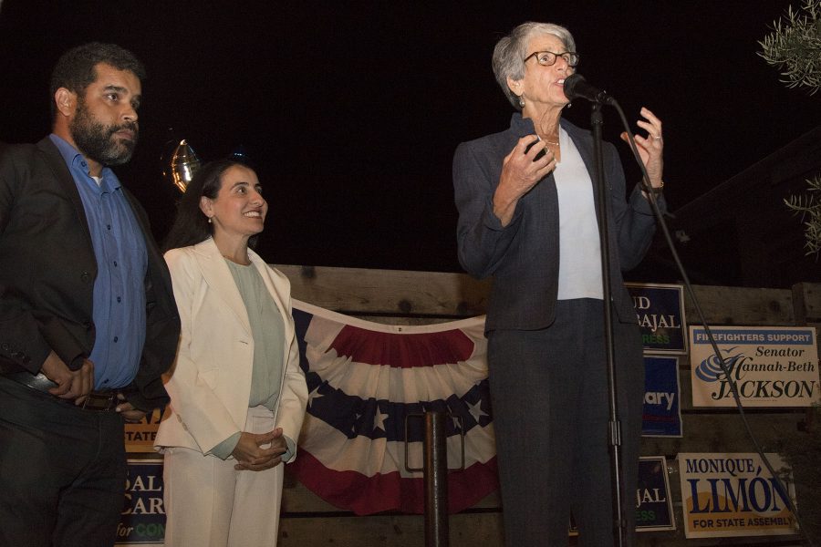 Senator Hannah-Beth Jackson shares what she plans to accomplish with the Democratic Party on Tuesday, Nov. 8, at The Mill Restaurant and Brewery in Santa Barbara. Daraka Larimore-Hall, chairman of the Santa Barbara County Democratic Party, and Monique Limon, newly elected state assembly member, stand to support her.