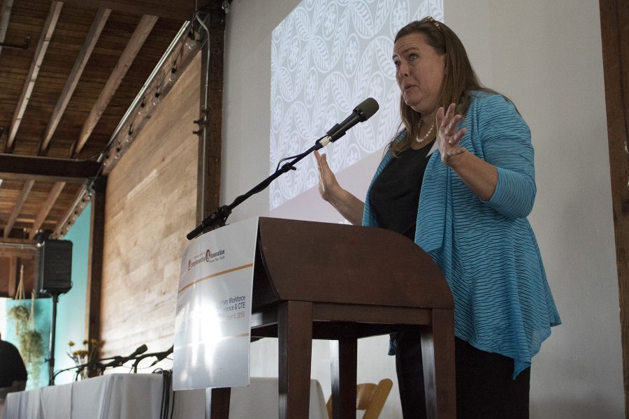 Keynote speaker Jennifer Manise, executive director of the Longview Foundation for World Affairs and International Understanding, shares her understanding of global competence at the Global Competence Summit on Friday, Nov. 4, at Narrative Loft in Santa Barbara. The event was hosted by the Santa Barbara City College Scheinfeld Center.