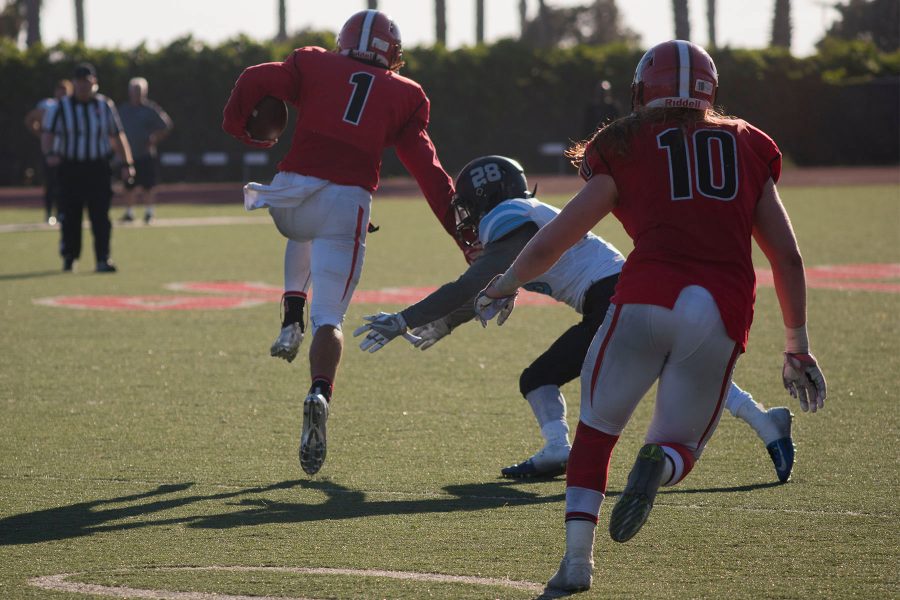 Vaquero wide receiver Elijah Cunningham (No. 1) returns a kick off for 55 yards in the third quarter during the Beach Bowl on Saturday, Nov. 19, at La Playa Stadium. The Vaqueros lost the final game of the season 49-12.