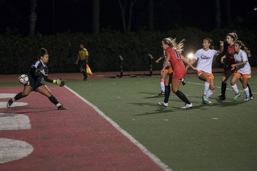 Vaqueros forward Josefine Von Der Burg (No. 12) scores the first of her two goals against the Owls in the So Cal Reginal playoff game on Thursday, Nov. 17, at La Playa Stadium. City College shut out Citrus College, 4-0.
